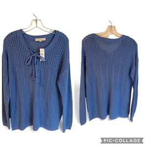 NWT Loft Periwinkle Blue Crochet Knit Pullover Tie Neck Spring Sweater